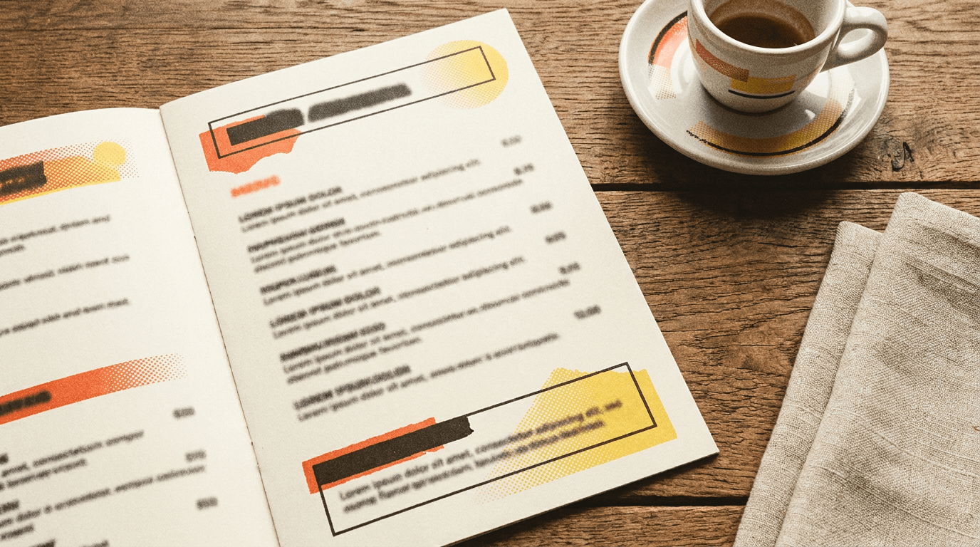 Restaurant menu open on a pub table with an espresso cup