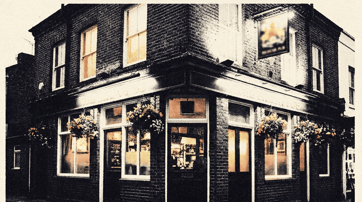 Traditional British pub exterior at dusk